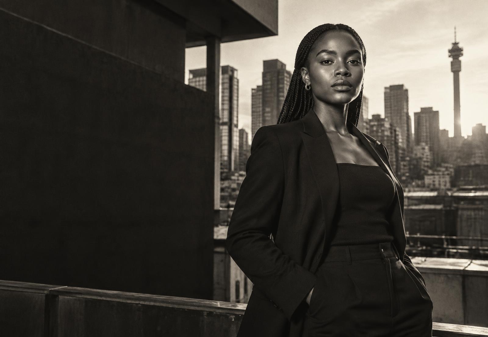 African founder photographed against a city skyline